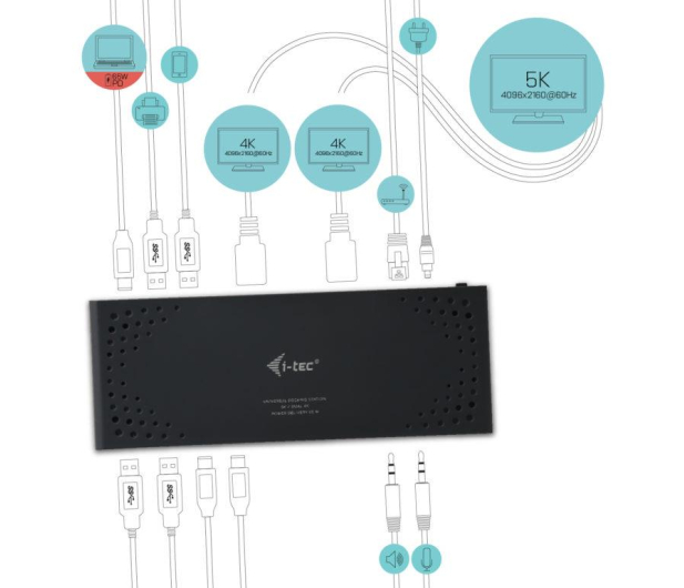 i-tec USB 3.0 / USB-C / TB3 2x 4K 1x 5K Display Dock DP HDMI PD 65 - 456371 - zdjęcie 5